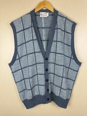 Vintage Clipper Mist Mens Sweater Vest Large Blue Plaid Button Up Knit Cardigan